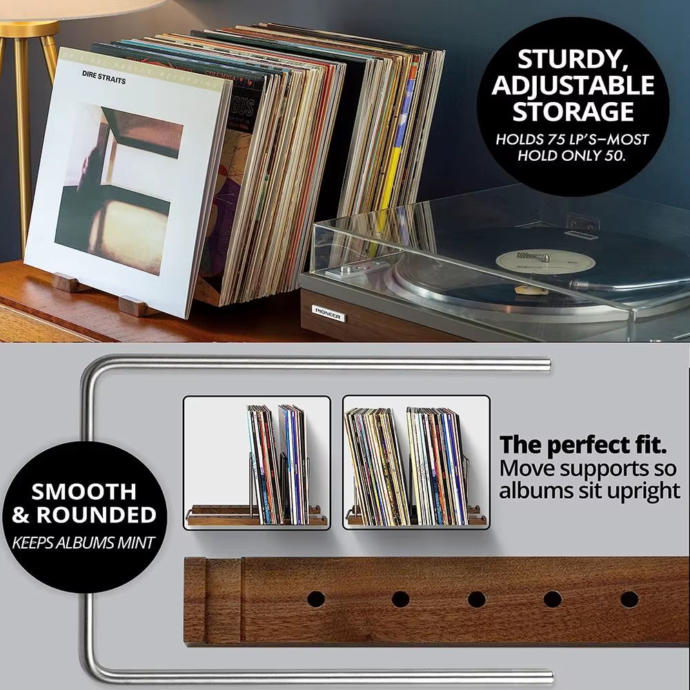 Retro Solid Walnut Vinyl Record Holder Adjustable Portable Record Stand Space Saving Album Display Holder