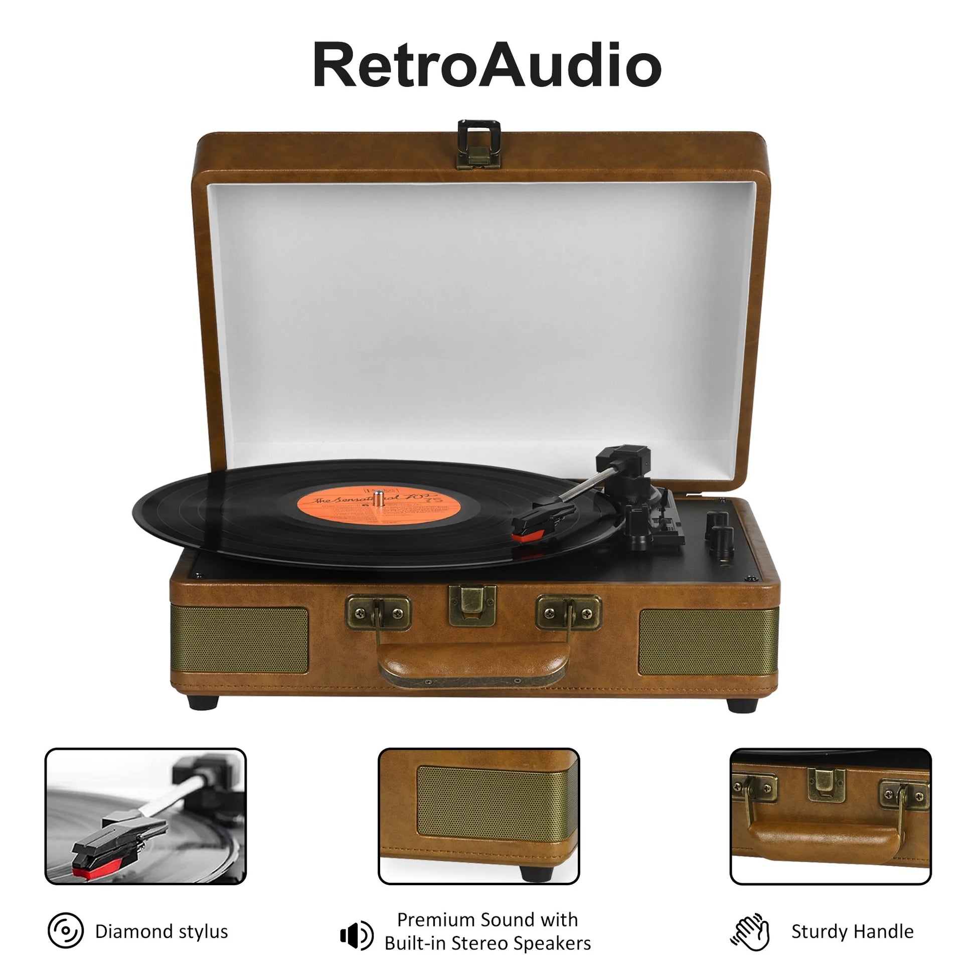 Record Player 3-Speed Bluetooth Portable Suitcase Record Player with Built-In Speakers, Brown