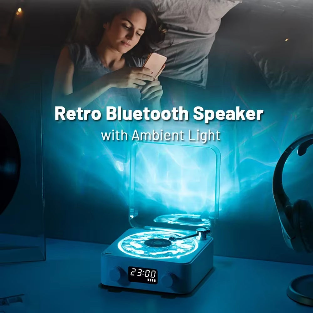 Modern Waves Vinyl Player Bluetooth Speaker with Time Display Retro Turntable Speaker Sleep Aid Vitrola Shaped Speaker