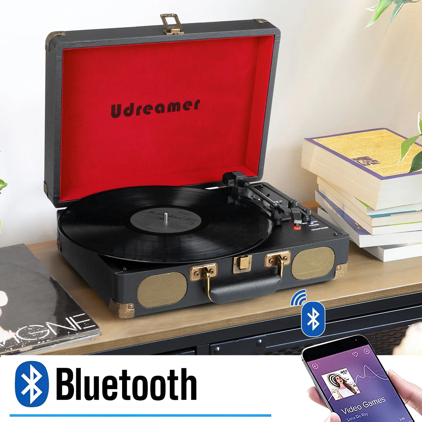 Vinyl Record Player with Bluetooth 3-Speed Audio Turntable & Built-In Speakers Portable Suitcase | Black/Red
