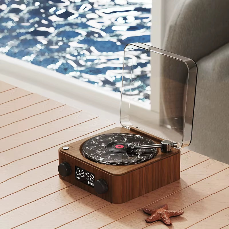 Modern Waves Vinyl Player Bluetooth Speaker with Time Display Retro Turntable Speaker Sleep Aid Vitrola Shaped Speaker