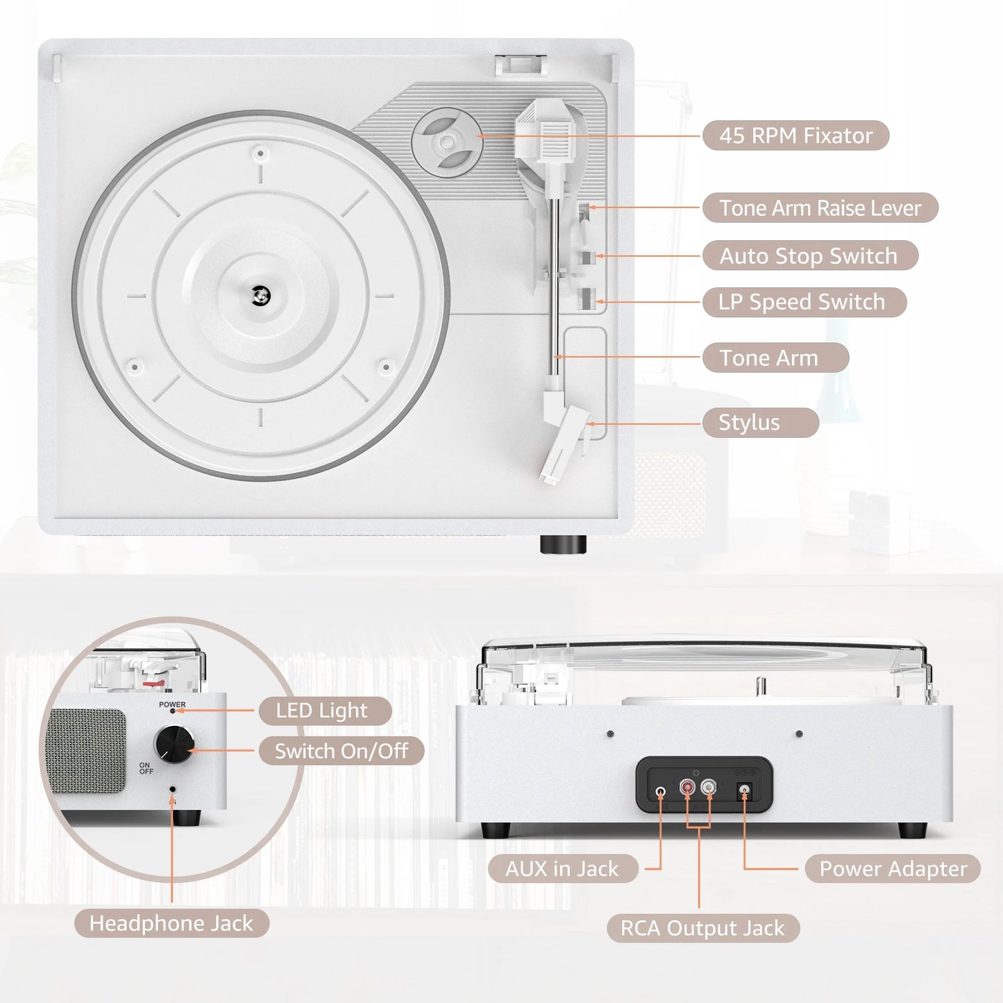 Record Player Turntable Bluetooth Vinyl Record Player Wireless Audio Turntable,Silver White