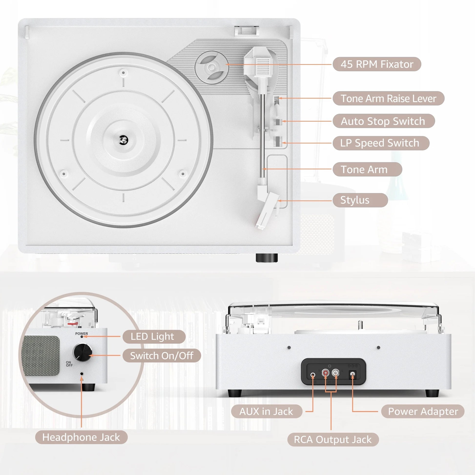 Record Player Turntable Bluetooth Vinyl Record Player Wireless Audio Turntable,Silver White