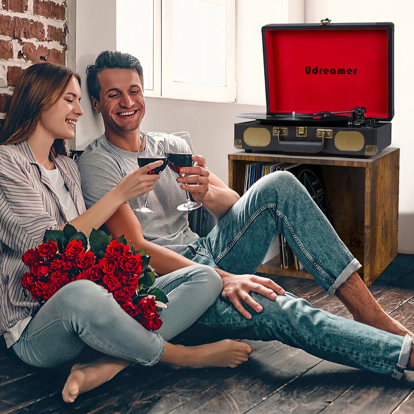 Vinyl Record Player with Bluetooth 3-Speed Audio Turntable & Built-In Speakers Portable Suitcase | Black/Red