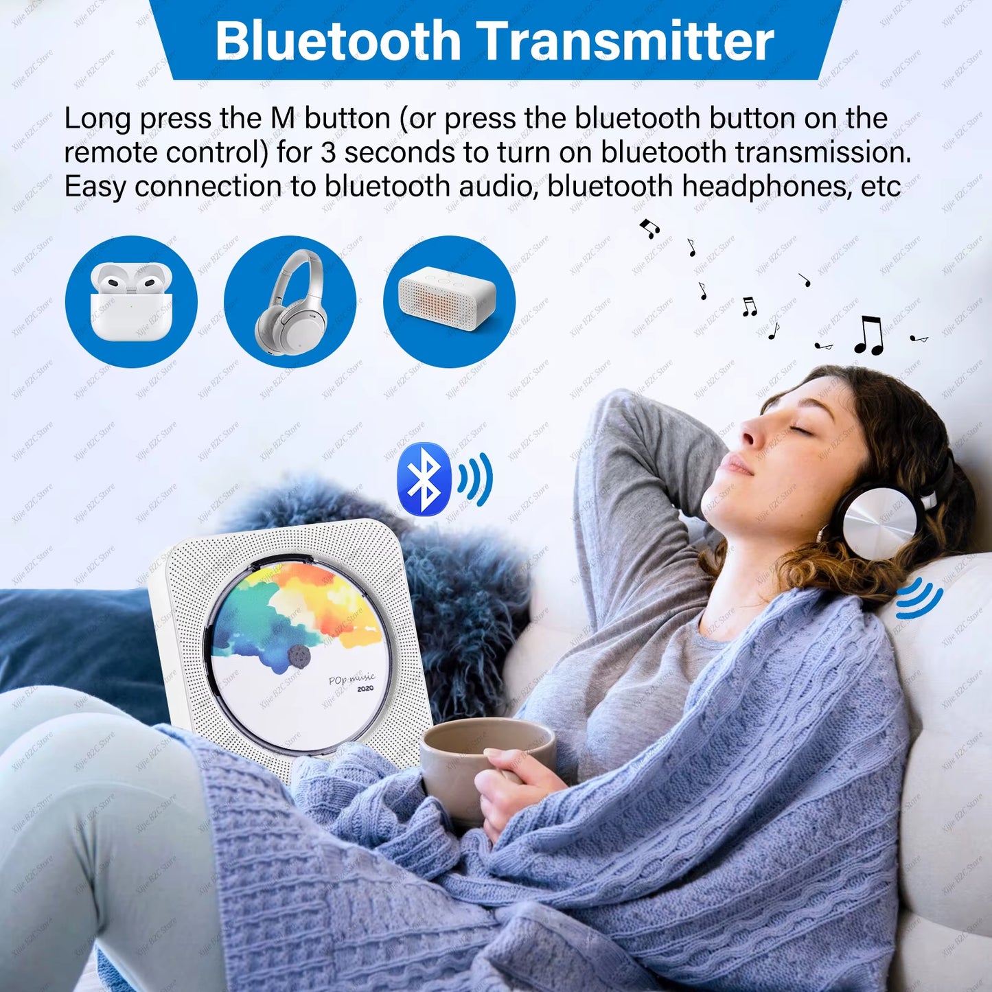 Portable CD Player Bluetooth Speaker Stereo CD Players LED Screen Wall Mountable CD Music Player with IR Remote Control FM Radio
