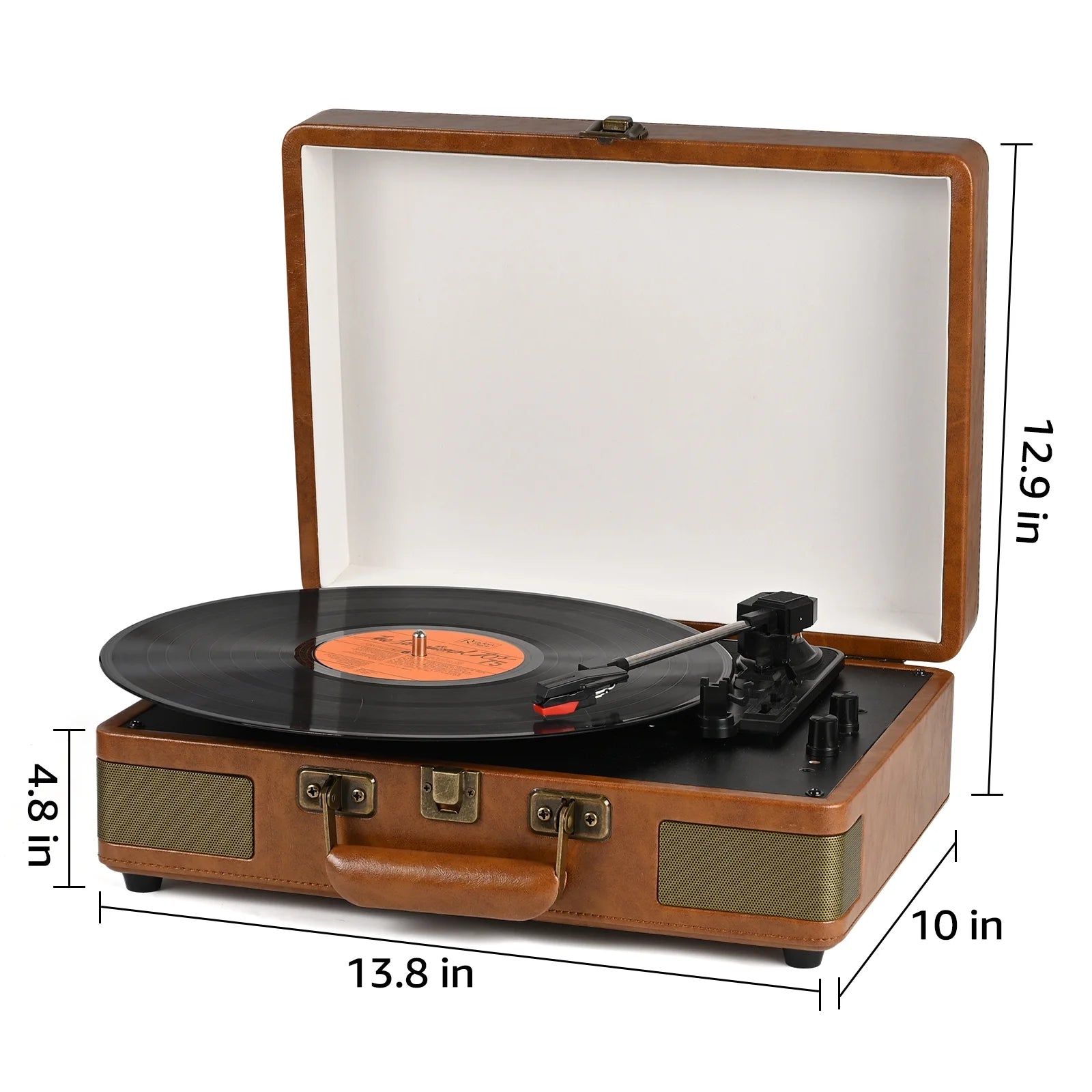 Record Player 3-Speed Bluetooth Portable Suitcase Record Player with Built-In Speakers, Brown