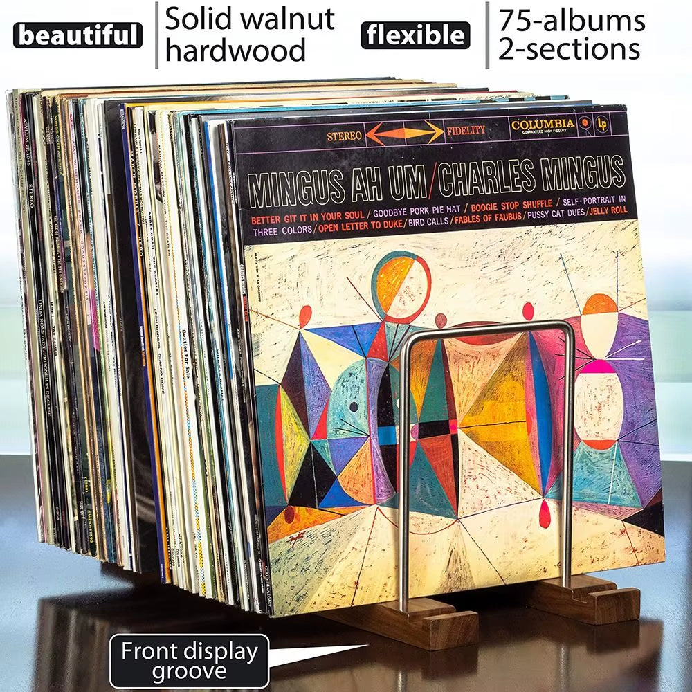 Retro Solid Walnut Vinyl Record Holder Adjustable Portable Record Stand Space Saving Album Display Holder