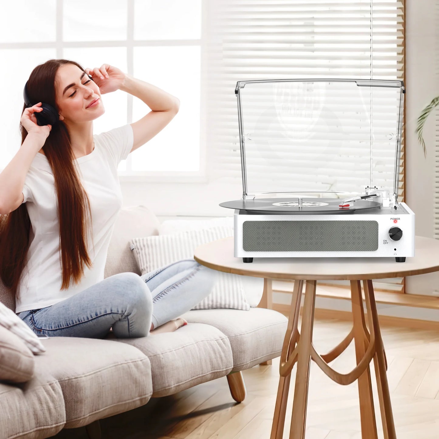 Record Player Turntable Bluetooth Vinyl Record Player Wireless Audio Turntable,Silver White