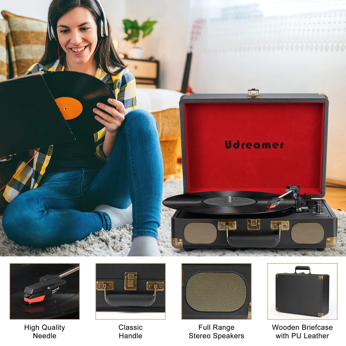 Vinyl Record Player with Bluetooth 3-Speed Audio Turntable & Built-In Speakers Portable Suitcase | Black/Red