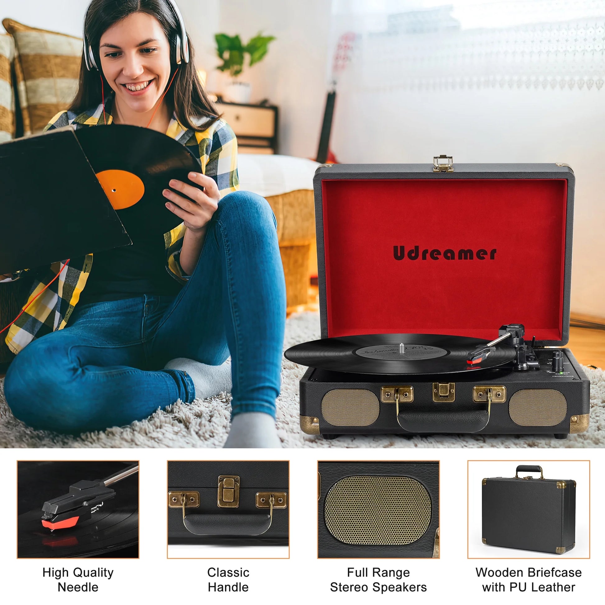 Vinyl Record Player with Bluetooth 3-Speed Audio Turntable & Built-In Speakers Portable Suitcase | Black/Red