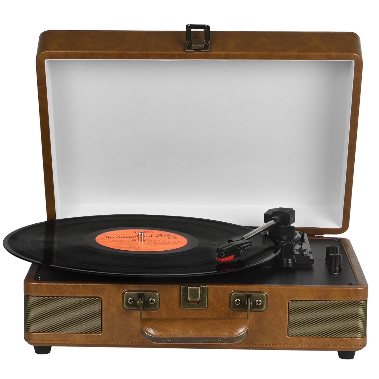 Record Player 3-Speed Bluetooth Portable Suitcase Record Player with Built-In Speakers, Brown