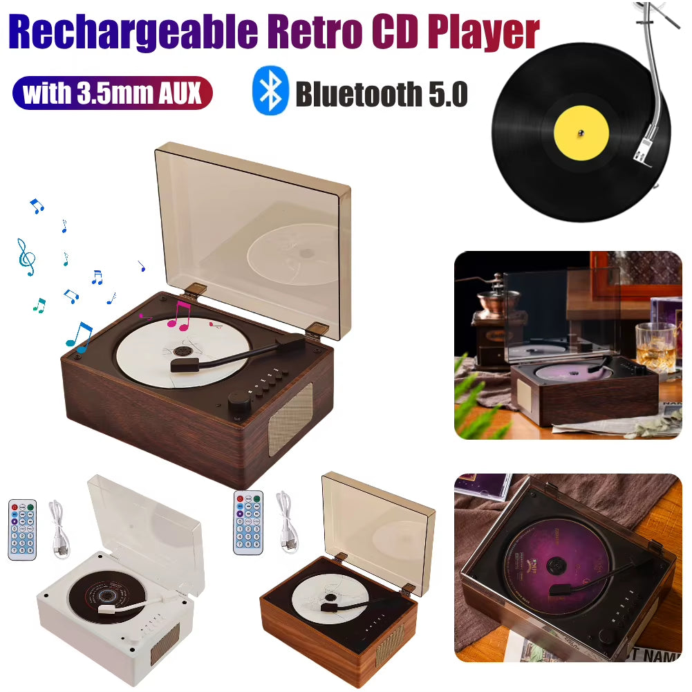 Retro CD Player Rechargeable Wireless Bluetooth 5.0 Speaker Portable Home Music Player USB 3.5Mm AUX Desktop CD Player for Phone
