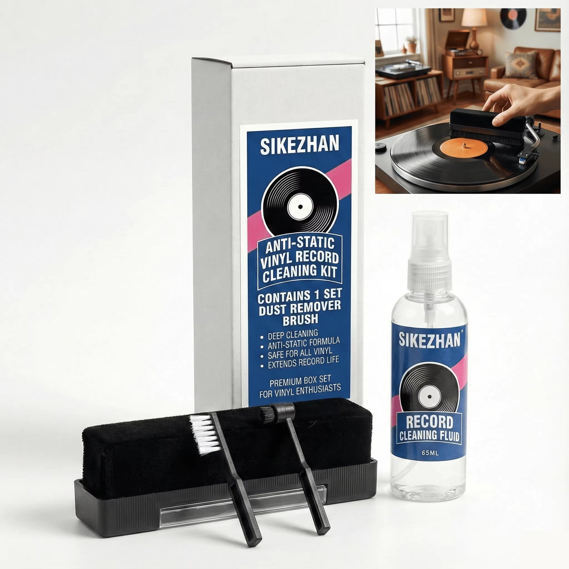 Record Cleaner Kit with 65Ml Spray, Anti-Static Velvet Brush & Stylus Cleaning Tools for Safe Vinyl Turntable Use by