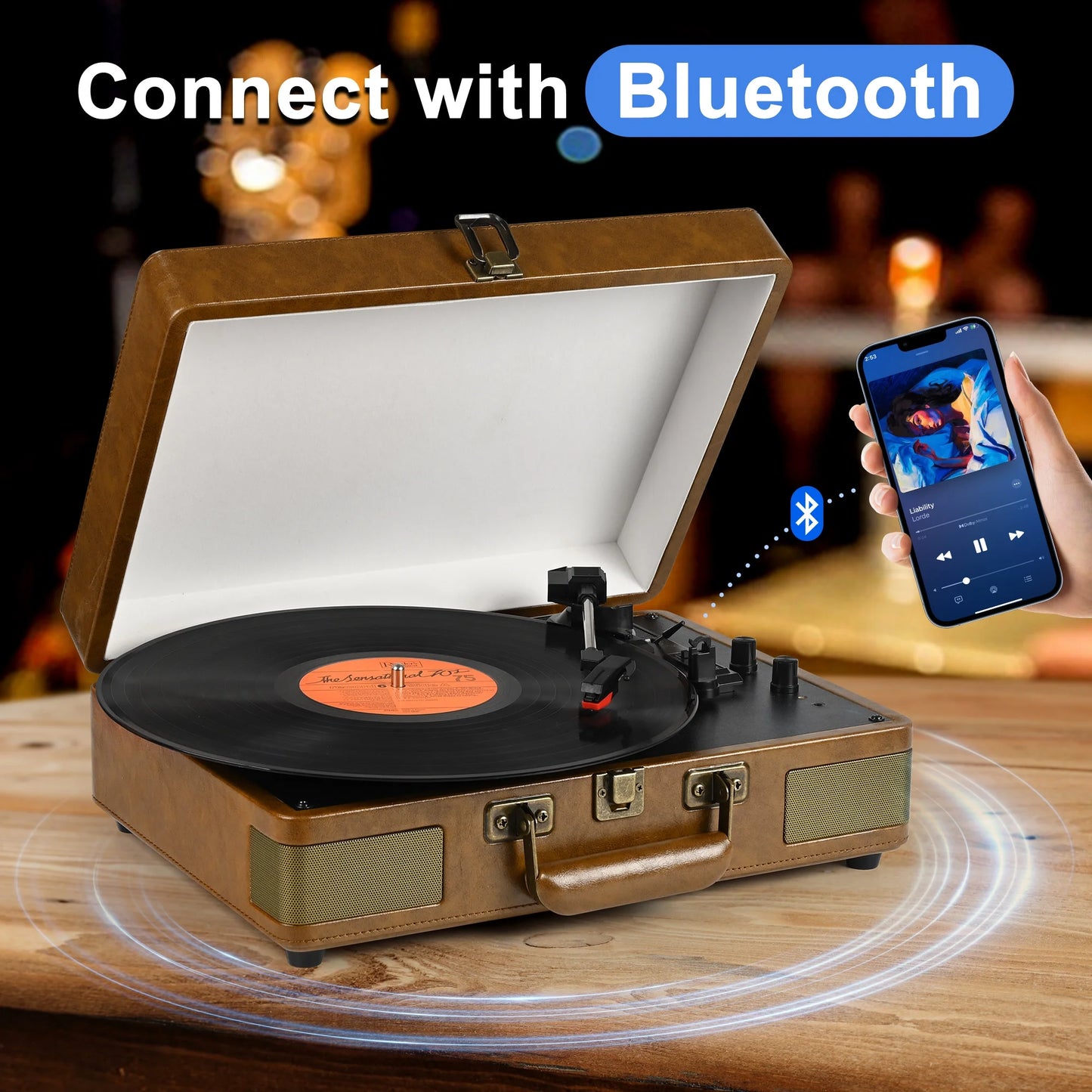 Record Player 3-Speed Bluetooth Portable Suitcase Record Player with Built-In Speakers, Brown