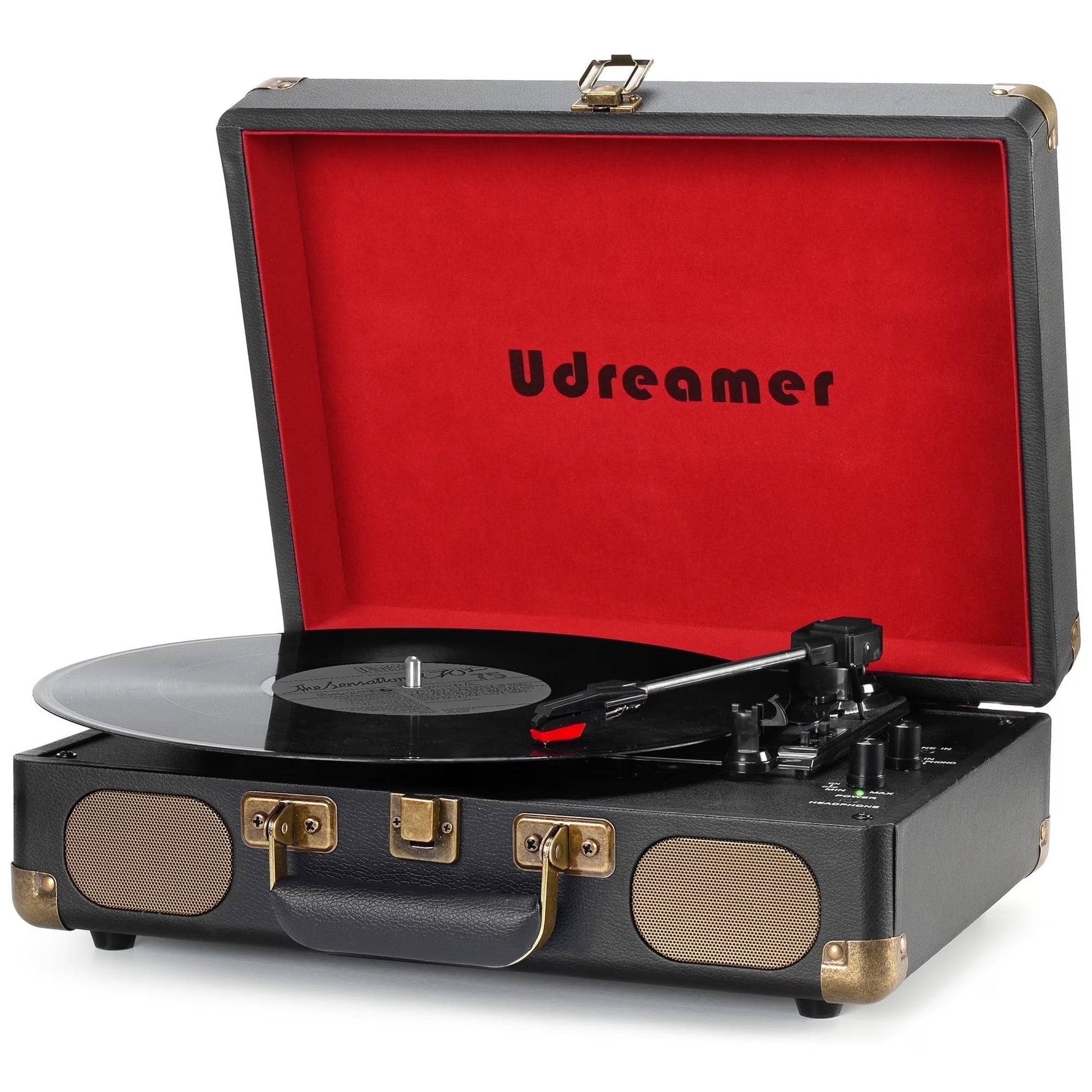 Vinyl Record Player with Bluetooth 3-Speed Audio Turntable & Built-In Speakers Portable Suitcase | Black/Red