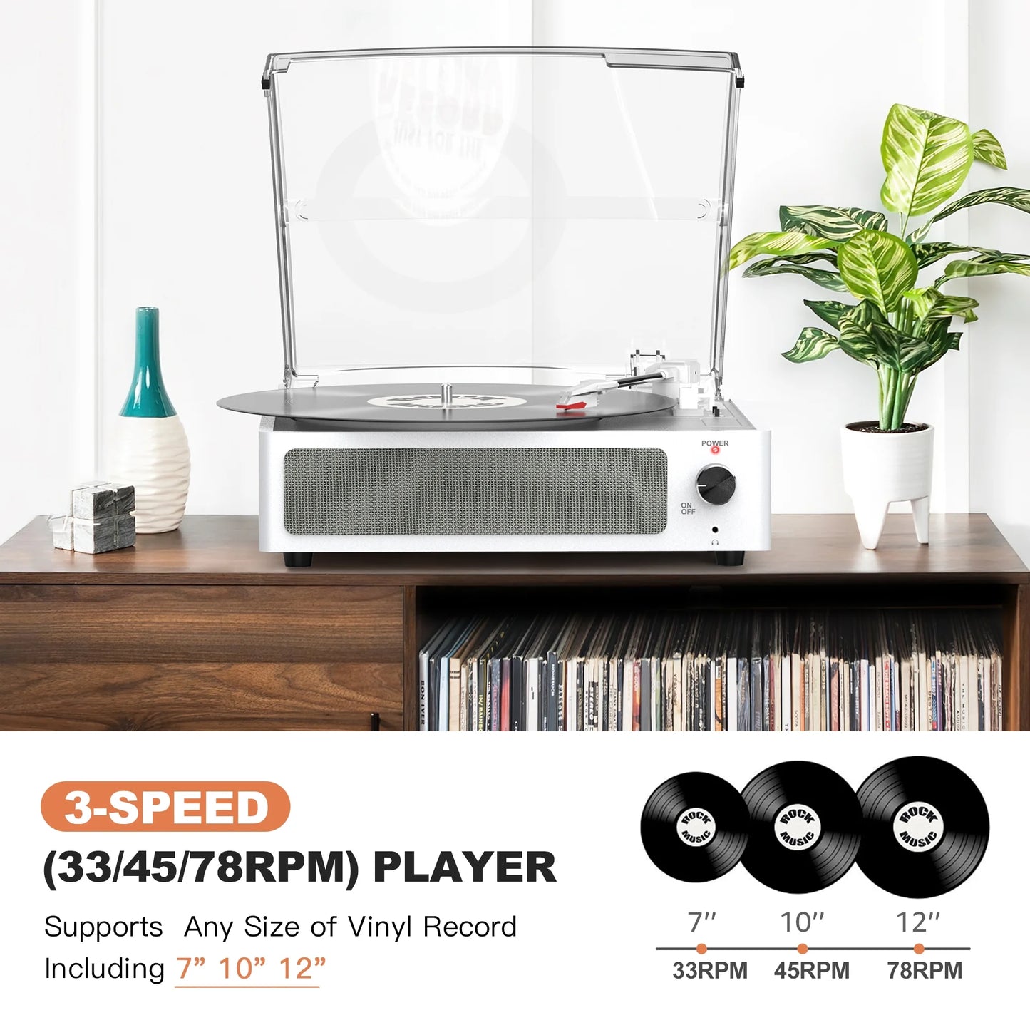 Record Player Turntable Bluetooth Vinyl Record Player Wireless Audio Turntable,Silver White