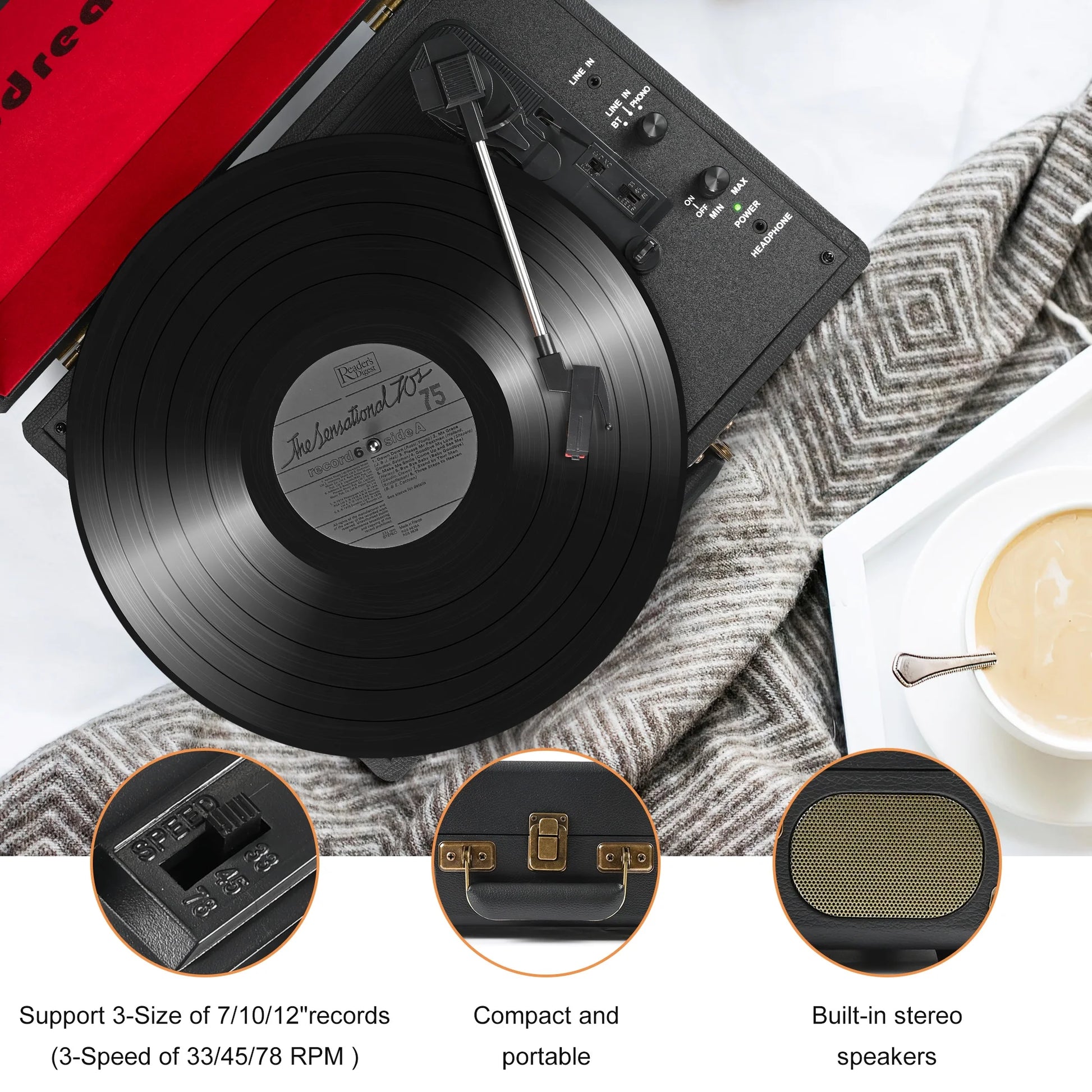 Vinyl Record Player with Bluetooth 3-Speed Audio Turntable & Built-In Speakers Portable Suitcase | Black/Red