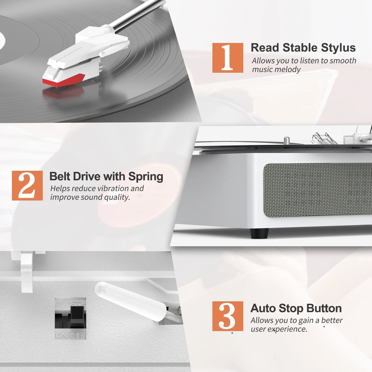 Record Player Turntable Bluetooth Vinyl Record Player Wireless Audio Turntable,Silver White