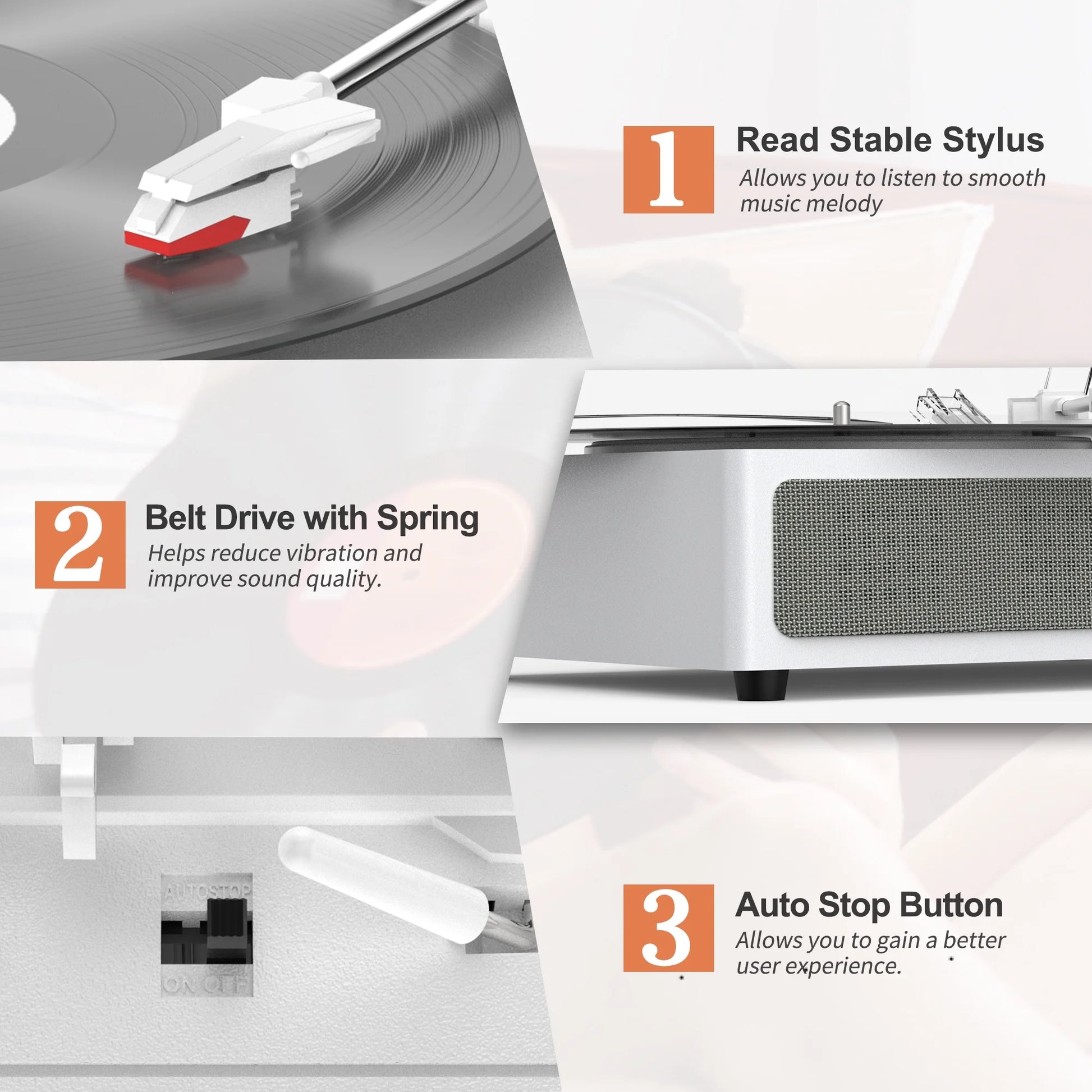 Record Player Turntable Bluetooth Vinyl Record Player Wireless Audio Turntable,Silver White