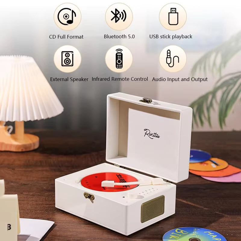 Vintage Leather CD Player Two-Way Bluetooth 5.0 Built-In Speaker Portable Rechargeable CD Music Player USB Lossless Player