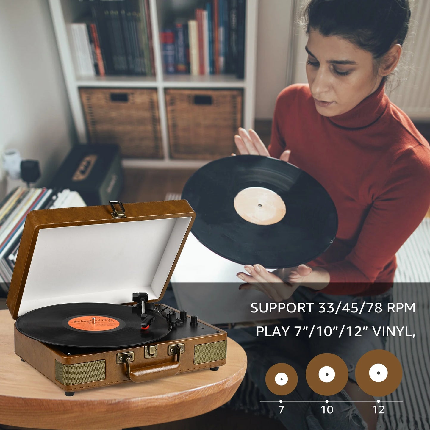 Record Player 3-Speed Bluetooth Portable Suitcase Record Player with Built-In Speakers, Brown