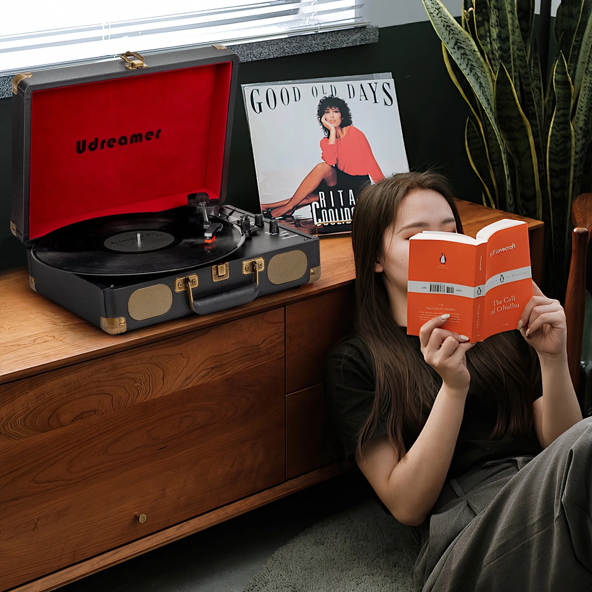 Vinyl Record Player with Bluetooth 3-Speed Audio Turntable & Built-In Speakers Portable Suitcase | Black/Red