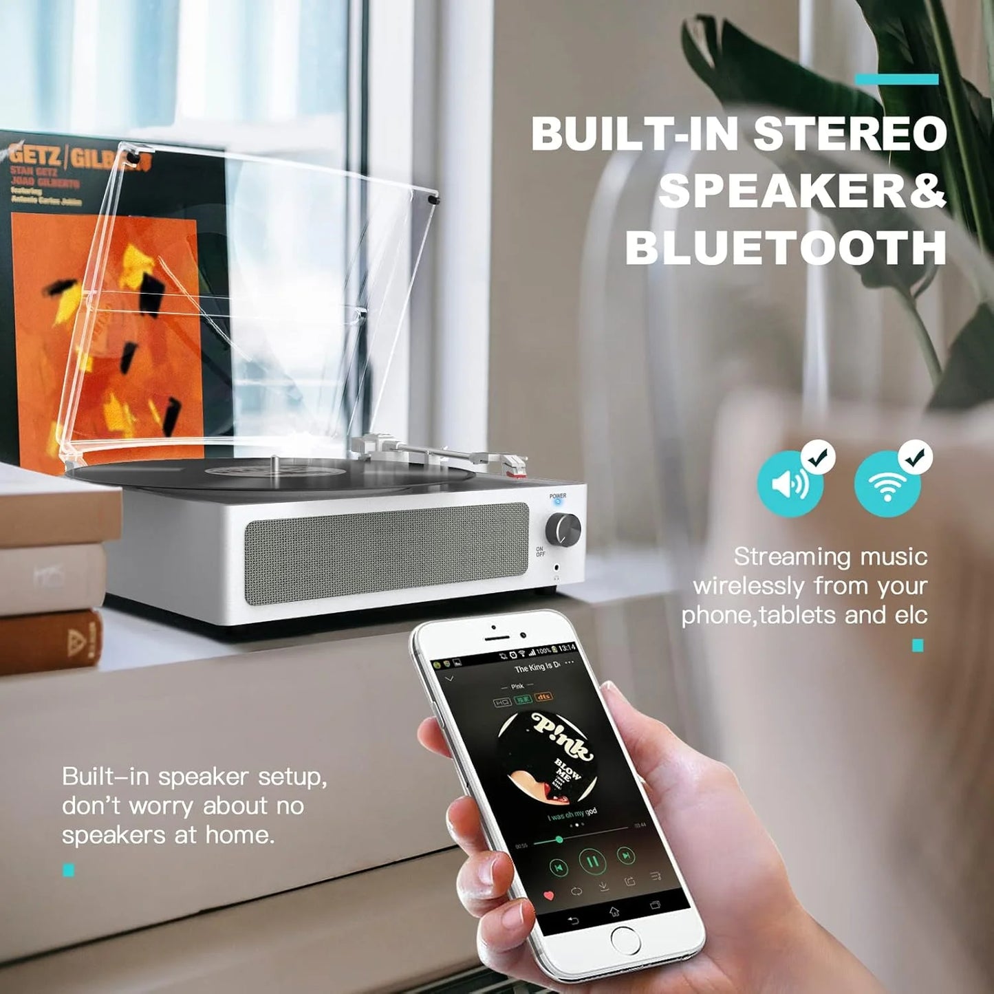 Record Player Turntable Bluetooth Vinyl Record Player Wireless Audio Turntable,Silver White